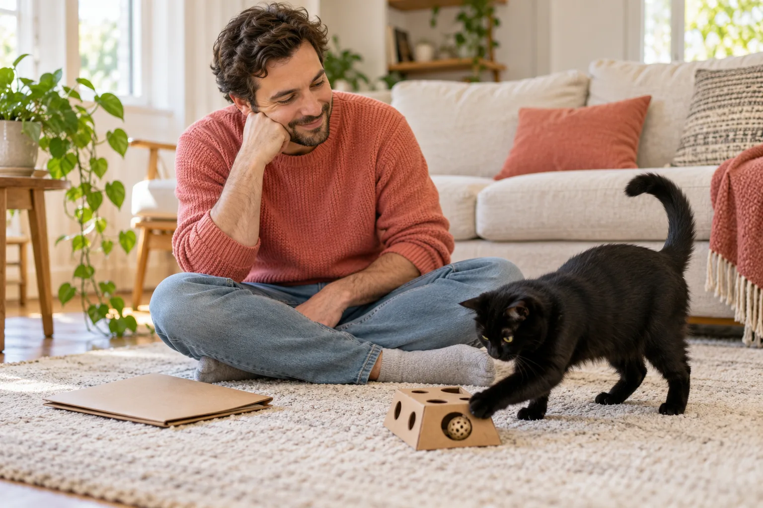 Owner sitting on the floor beside a black cat at home